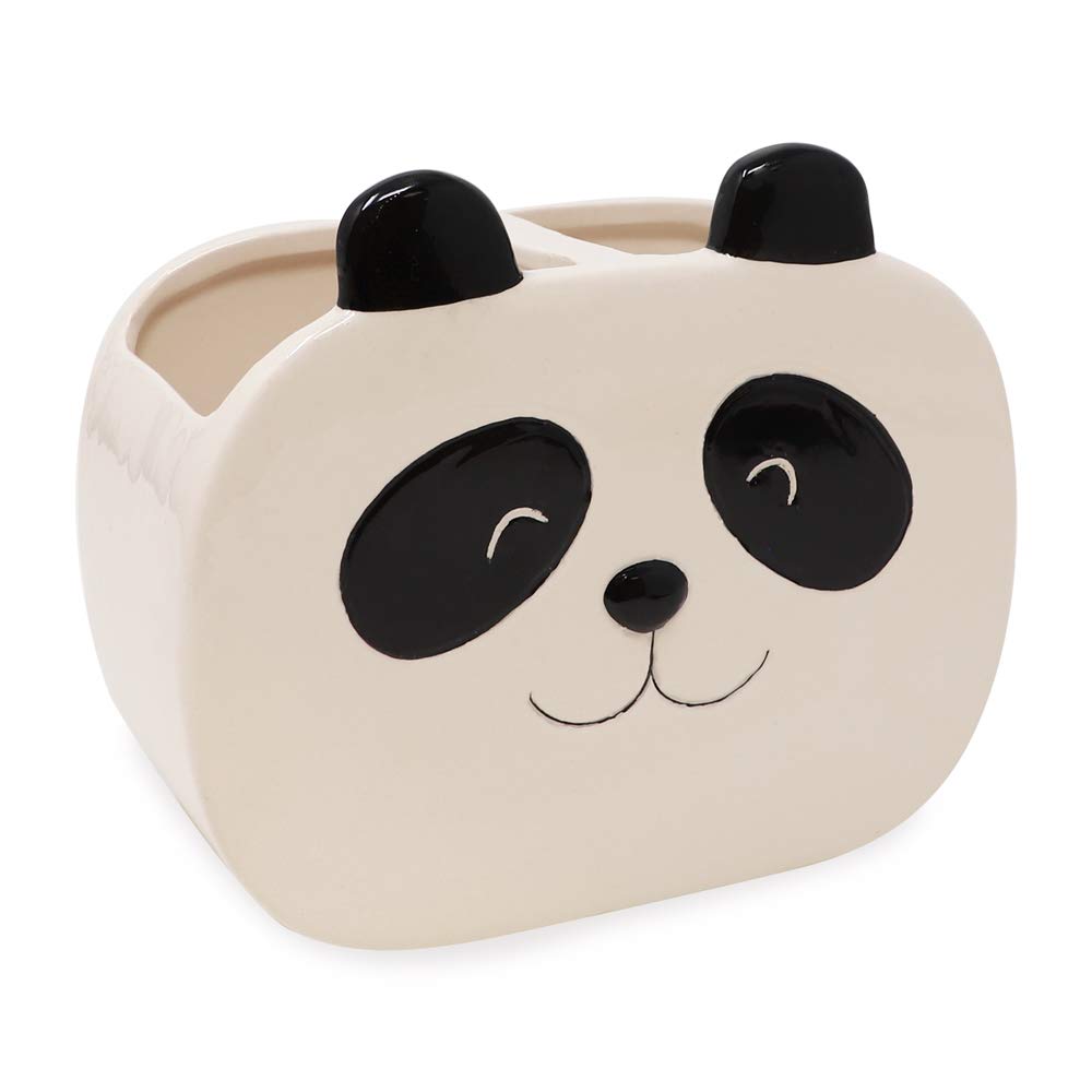 Isaac Jacobs Black And White Ceramic Panda Makeup Brush Holder, Multi-Purpose 2-Section Organizer. Bathroom, Kitchen, Bedroom, O