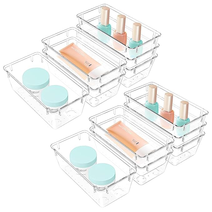 Kaito Unbreakable Drawer Trays Bins For Organization, 12 Pieces, Multi Compartments Makeup Drawer Organizer, Bathroom Organizers