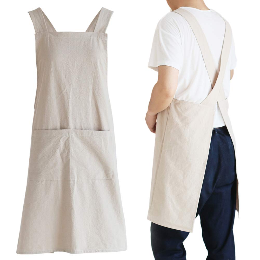 Newgem Japanese Linen Cross Back Kitchen Cooking Aprons For Men With Pockets For Baking Painting Gardening Cleaning Khaki