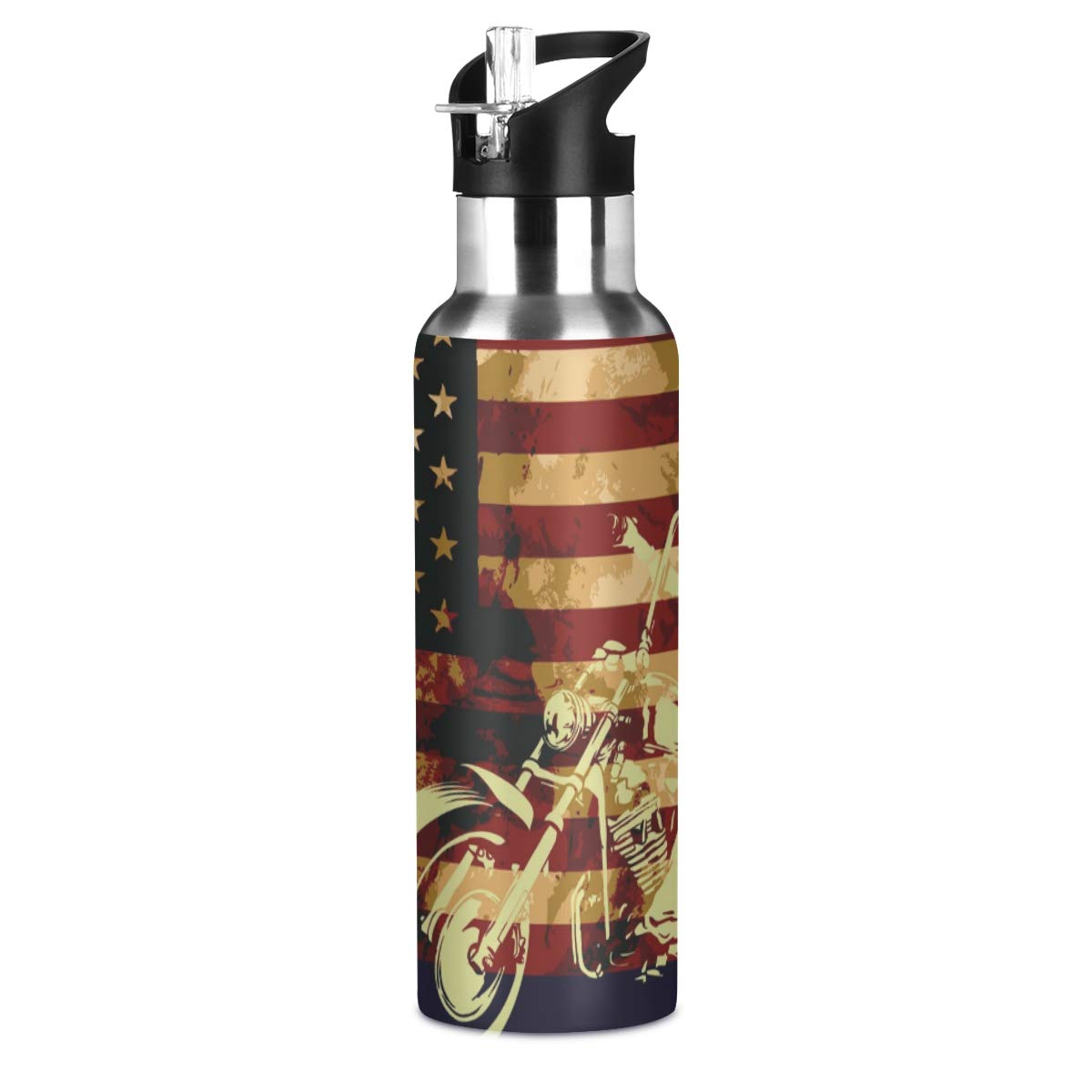 Keepreal Skull Motorcycle American Flag Water Bottle - Reusable Water Bottle For Gym Bike Running Cycling 600 Milliliter 22 Ounc