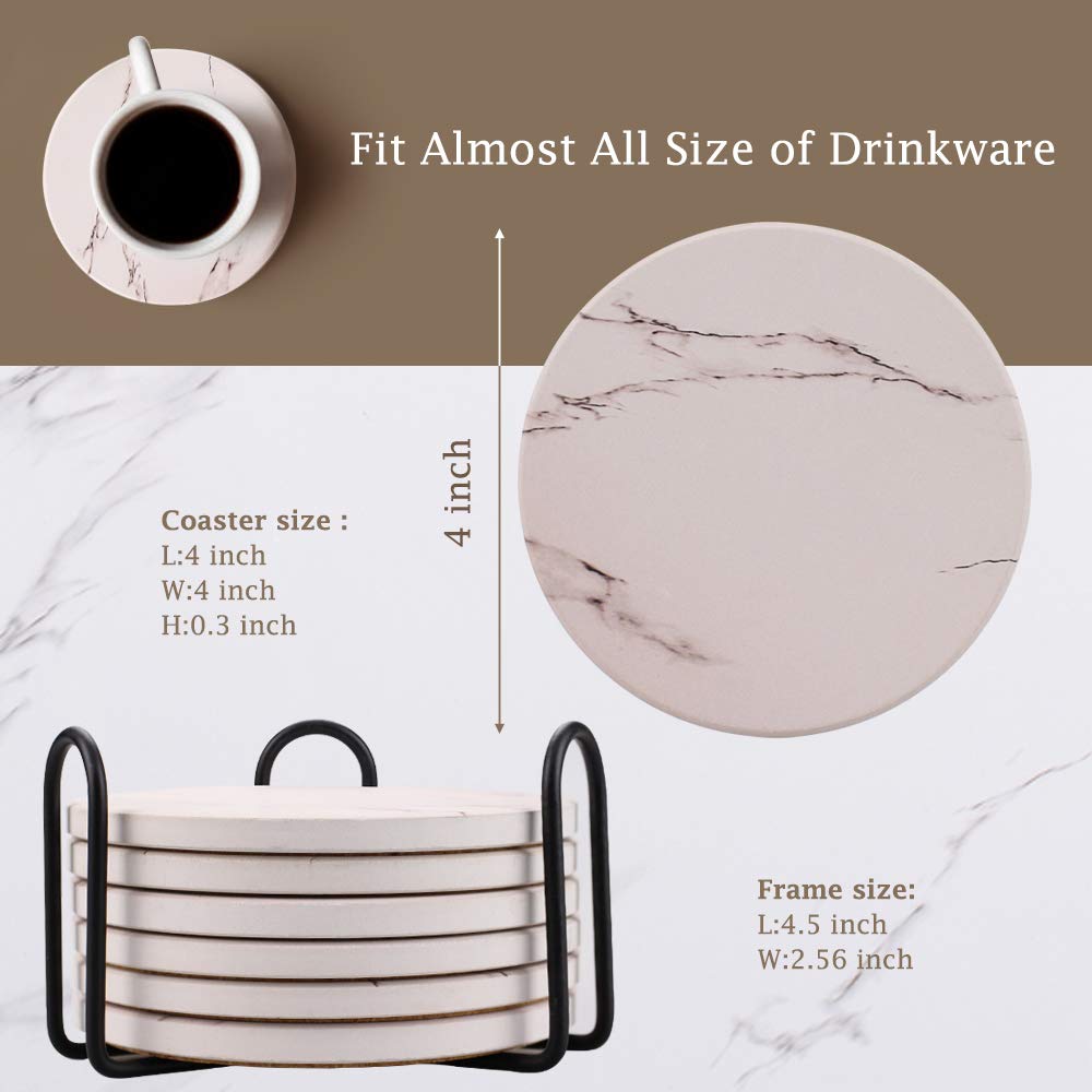 Coasters for Drinks  Absorbent Ceramic Stone Coasters Set with Metal Holder Stand  Cork Base  Marble Surface Pattern  Cups Place Mats for Home Decor  Set of 6 - White