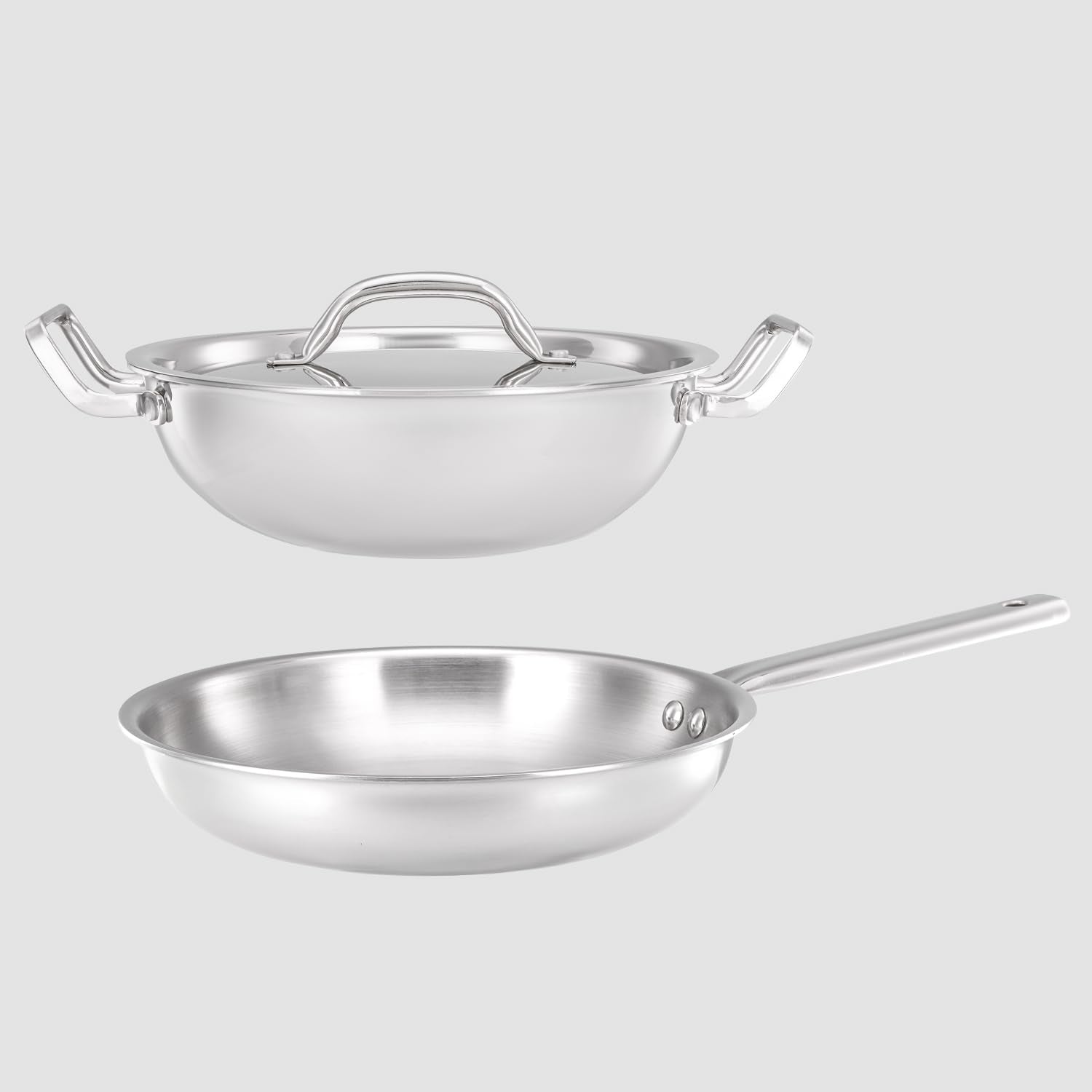 Amazon Basics Triply Stainless Steel 3 Pc Cookware Set | 24 Cm Kadai With Lid & 22 Cm Frypan Without Lid| Fast & Even Heating | 