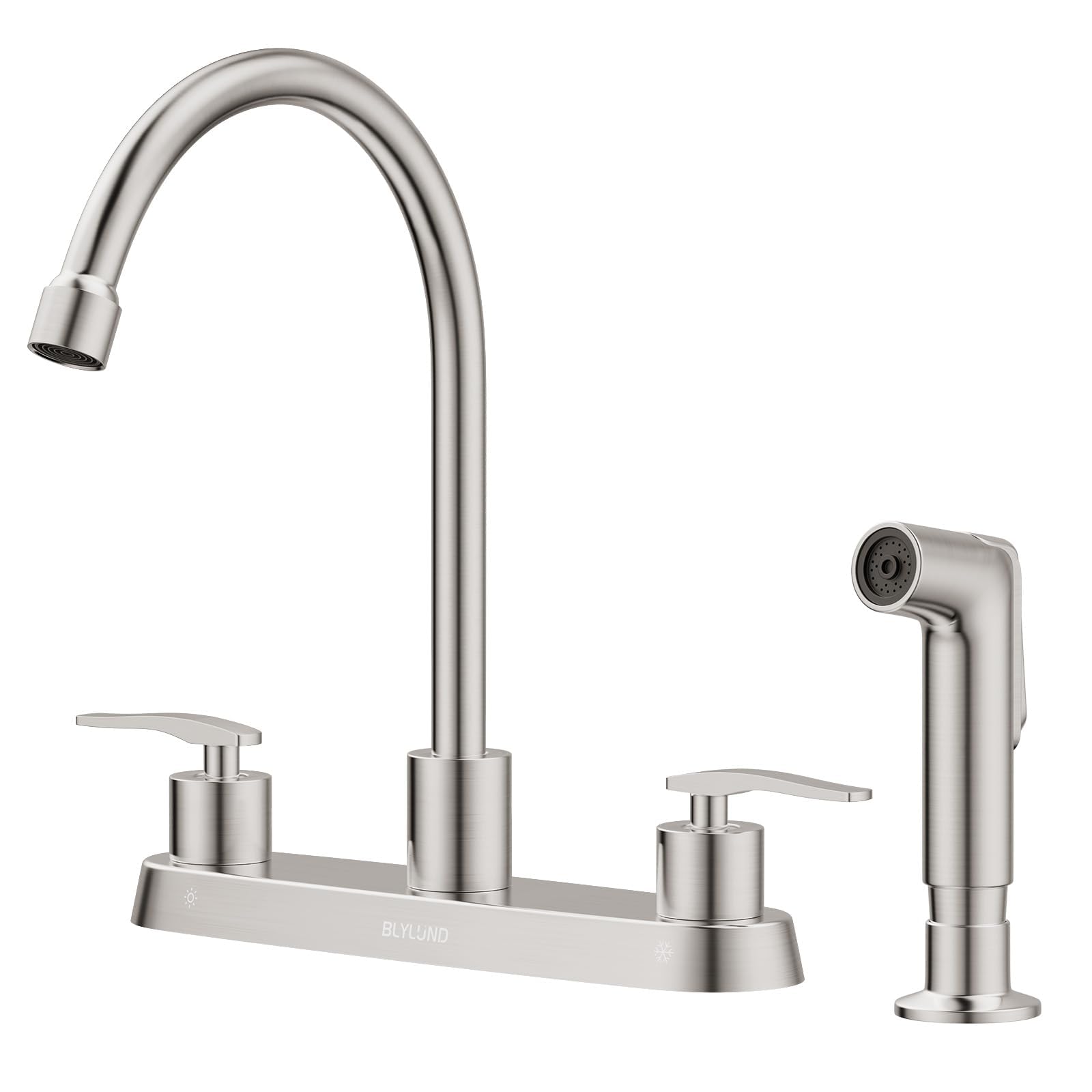 Blylund Kitchen Faucet With Side Sprayer, Brushed Nickel High Arc 8 Inch Centerset 2 Handles Stainless Steel Kitchen Sink Faucet