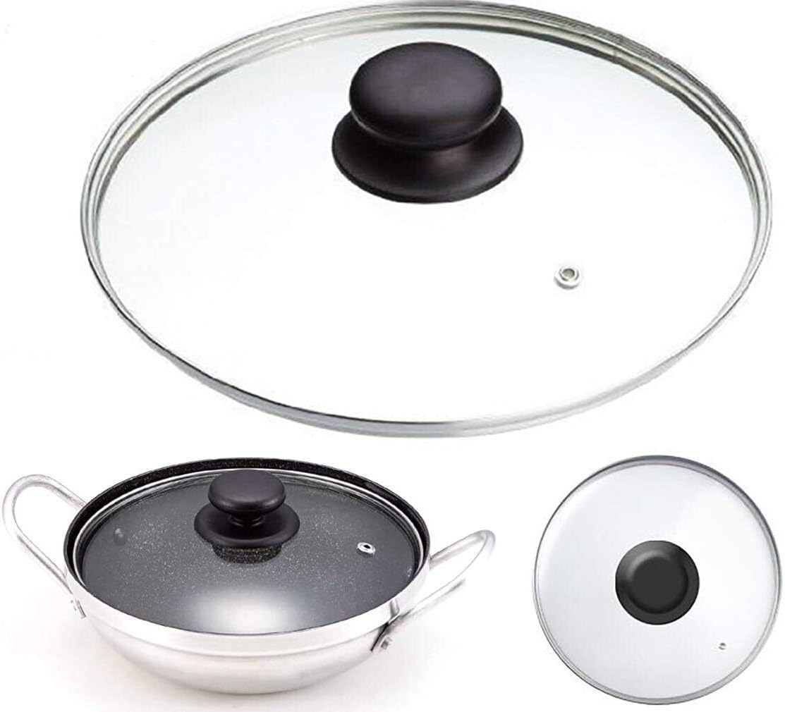 Glass Vented Pan Lid 22cmUniversal Transparent Glass Lid for Saucepans, Pots & Woks  Stainless Steel Rim & HeatResistant Handl