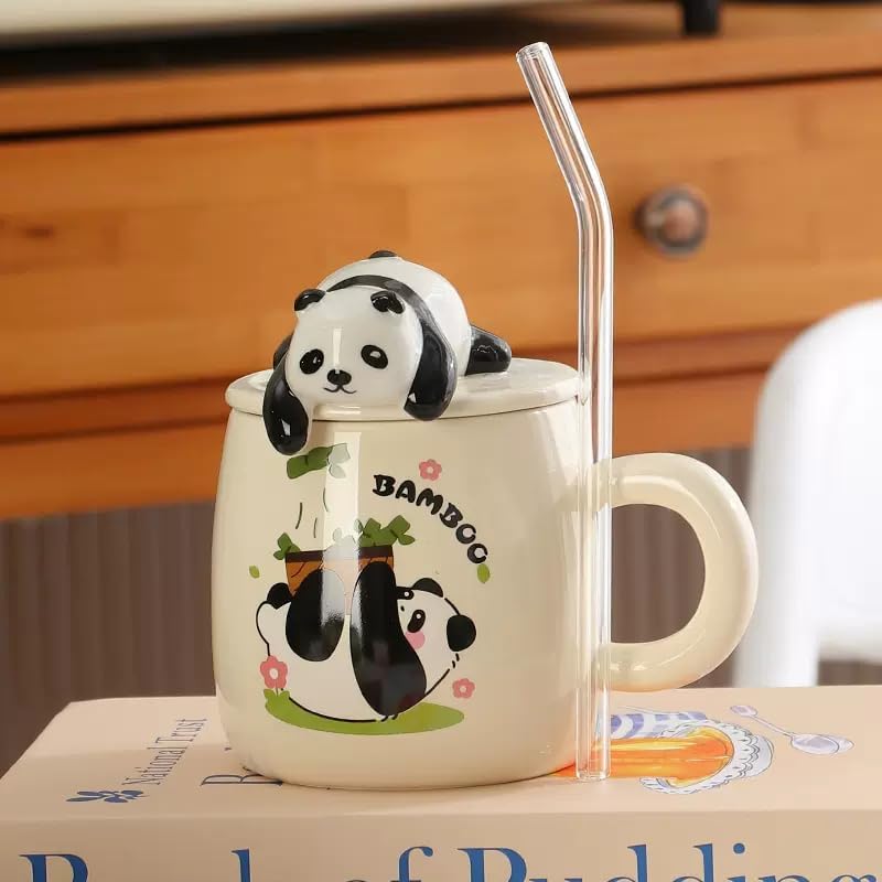 Vasukie Panda Coffee Mug With Lid & Glass Spoon, Mugs For Coffee, Rakhi For Brother, Birthday Gift, Ceramic Mug, 3D Panda Coffee