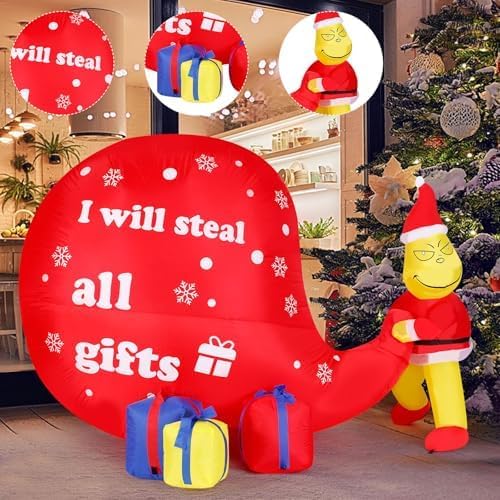 8FT Christmas Inflatable Green Monster Decoration -  I Will Steal All Gifts  Funny Holiday Yard Decor with LED Lights, Suitable