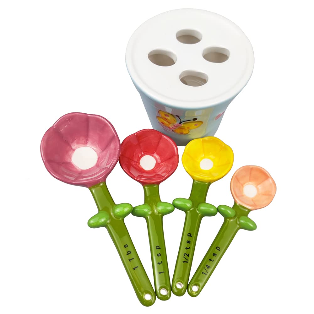 Sizikato 4Pcs Porcelain Measuring Spoons With Base, Cute Flower Shape