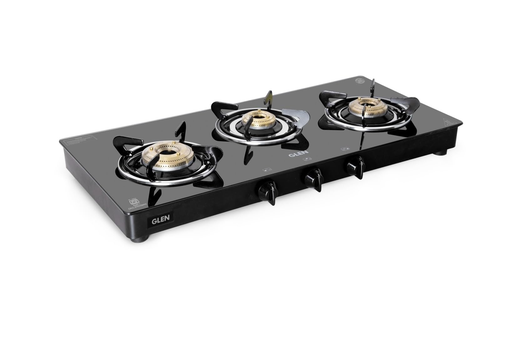 Glen Gas Stove 3 Burner Toughened Glass Top | Lpg Gas Stoves72 Cm Extra Large | High Flame Brass Burners Gas Stove Black | Manua