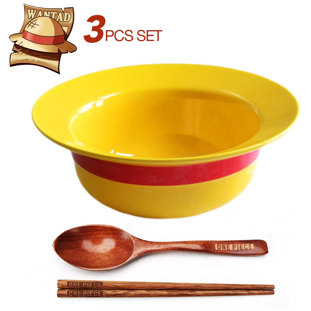 shiningsoul 3 PCS ONEPIECE Luffy Straw Hat Ramen Bowl Set Anime (Straw Hat Ceramic Bowl + Wooden spoon + Chopsticks) Dishwasher & Microwave Safe - Good Gift for Anime Fans