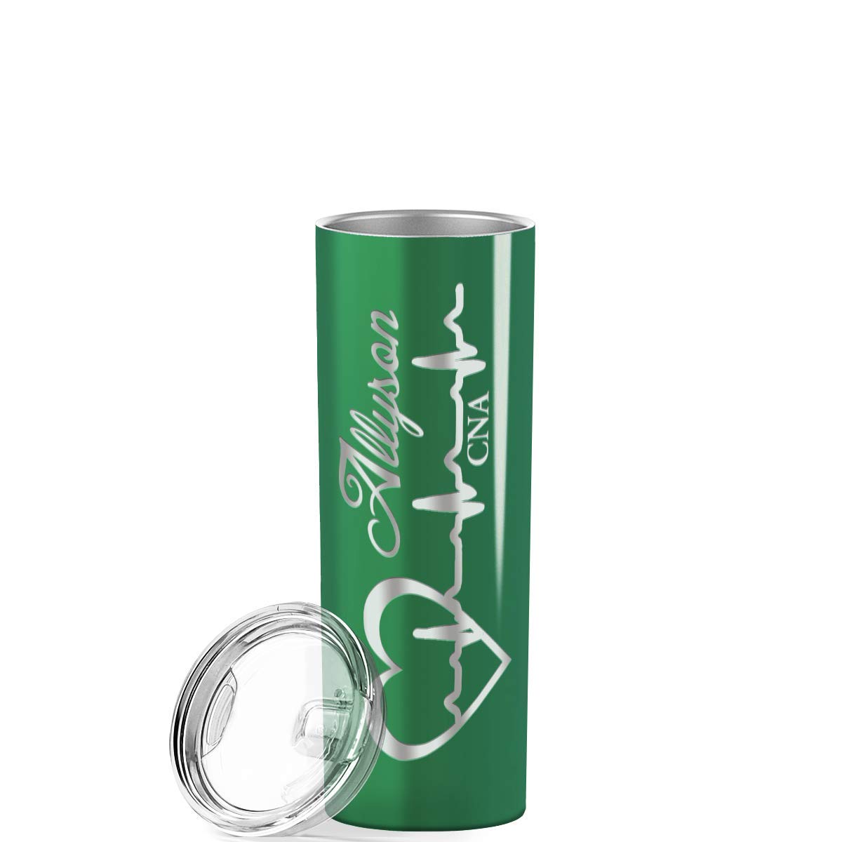 Personalized Nurse Laser Engraved Custom Kelly Green Gloss Nurse Custom Engraved 20 Oz Skinny Tumbler With Lid And Straw