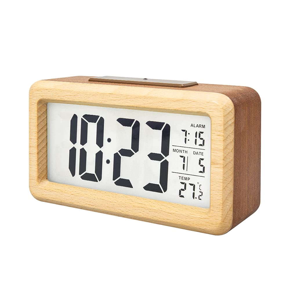 everwood Wooden Digital Alarm Clocks for Bedrooms Battery Operated, Wooden LCD Digital Clock with Smart Sensor Night Light, Temp