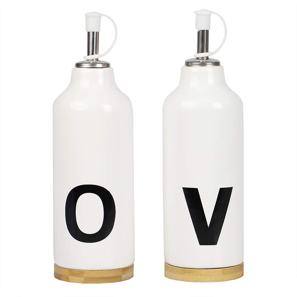Home Basics Ov37215 Bottle, 10 Oz. Oil And Vinegar Set, White/Bamboo/Black