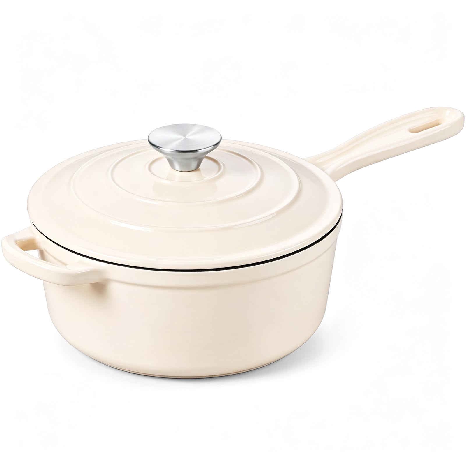 Onader Enameled Cast Iron Sauce Pan, 3 Quart Saucepan with Lid, Cream White