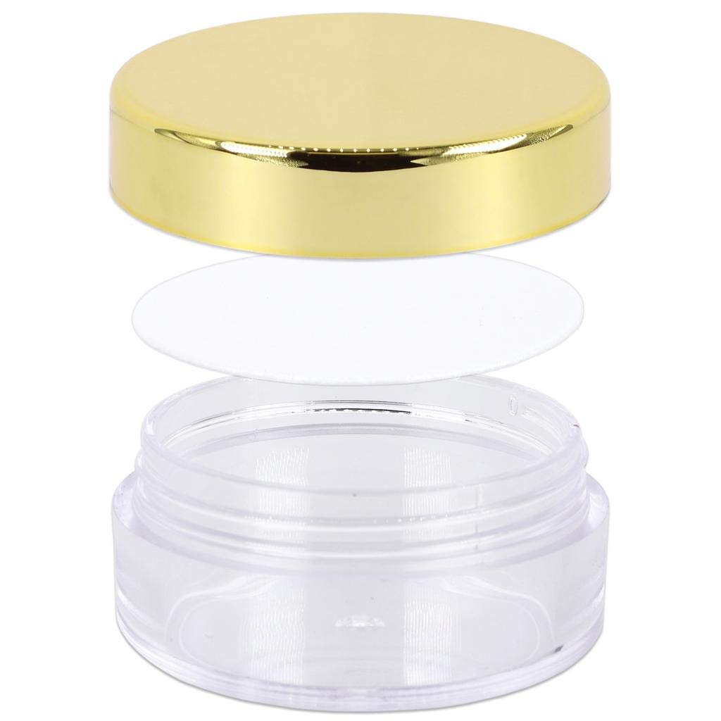Beauticom 10g/10ml (0.35 Fl Oz) Round Clear Jars with Round Top Lids for Creams  Lotions  Make Up  Powders  Glitters  and more... (Color: Metallic Gold Lid  Quantity: 40 Pieces)