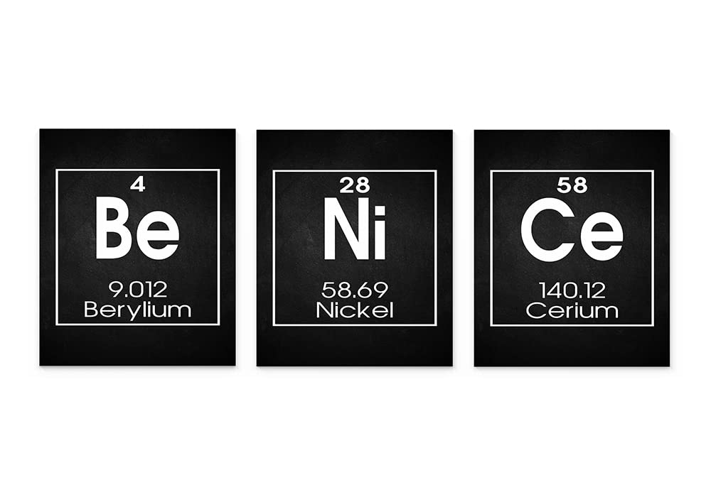Be Nice Periodic Table Of Elements Print, Set Of Three 8X10 Unframed Funny Science Poster Chemistry Art Classroom Lab Bar Decor