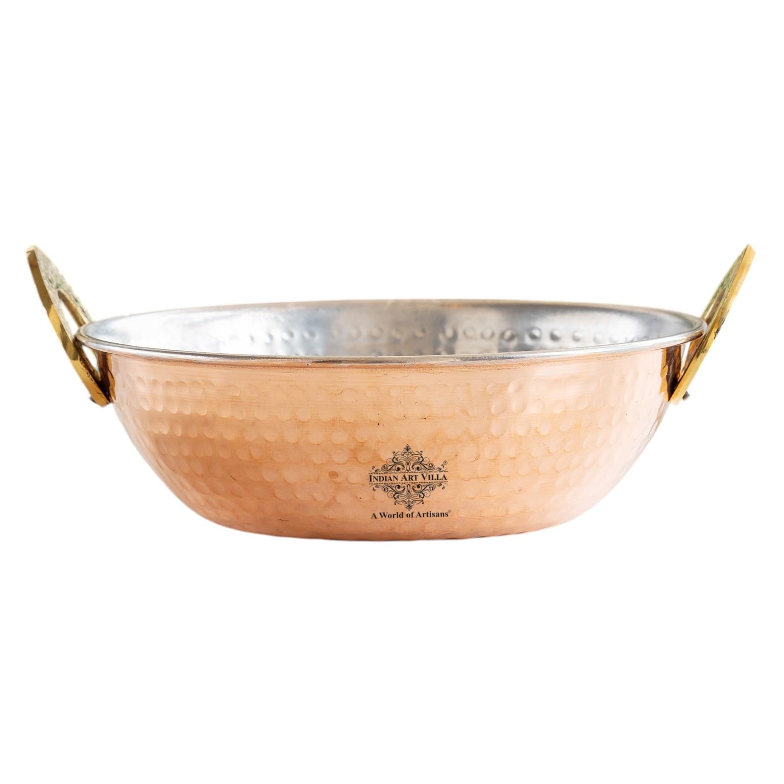 Indian Art Villa Copper Kadai With Tin Lining, 6 Inch Diameter Cookware, Hammered Design, Brass Handles, Traditional Indian Cook