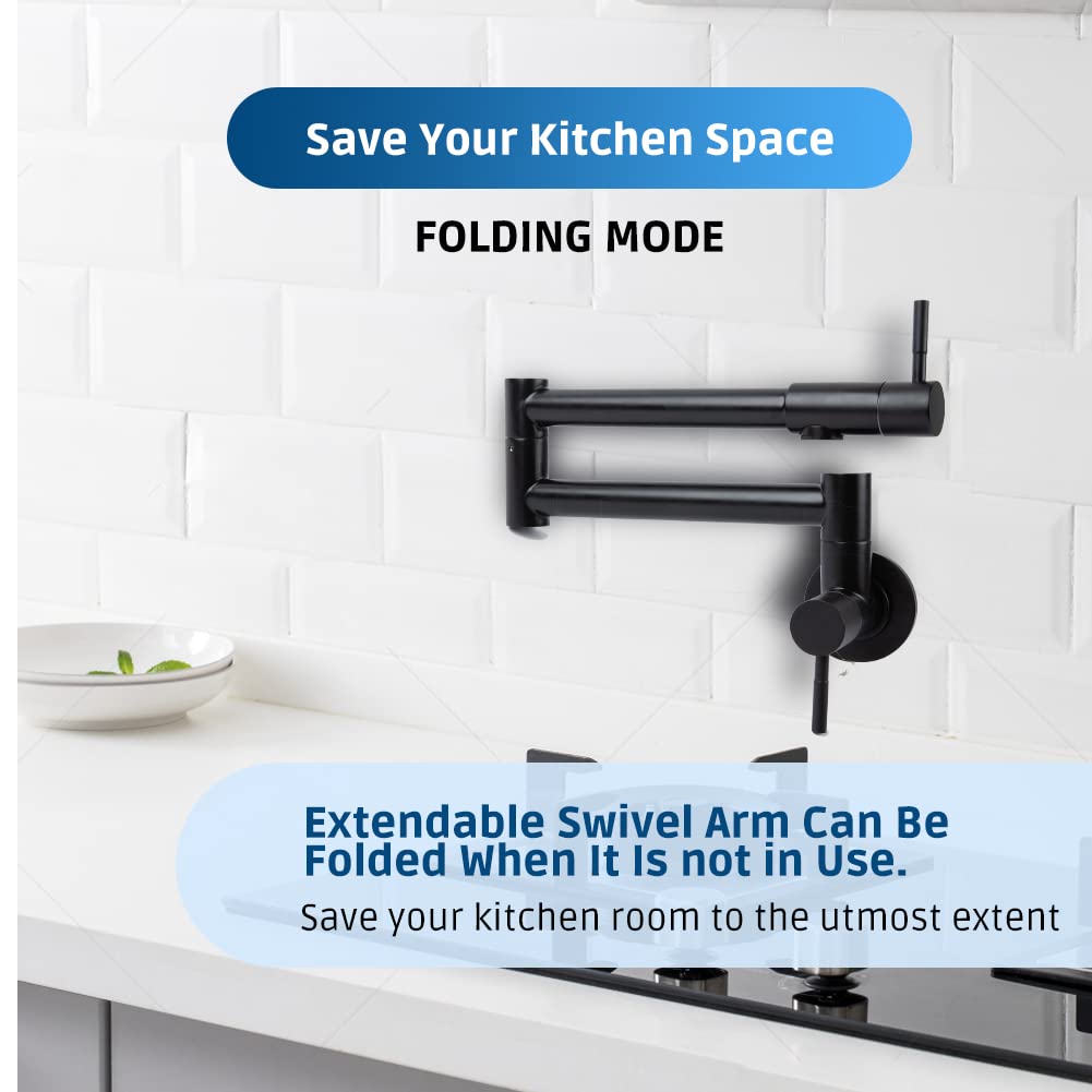 Allkorma Pot Filler Faucet Matte Black, Wall Mount Kitchen Stainless Steel Faucets, 19.7'' Folding Stretchable Faucet, 2 Joint S