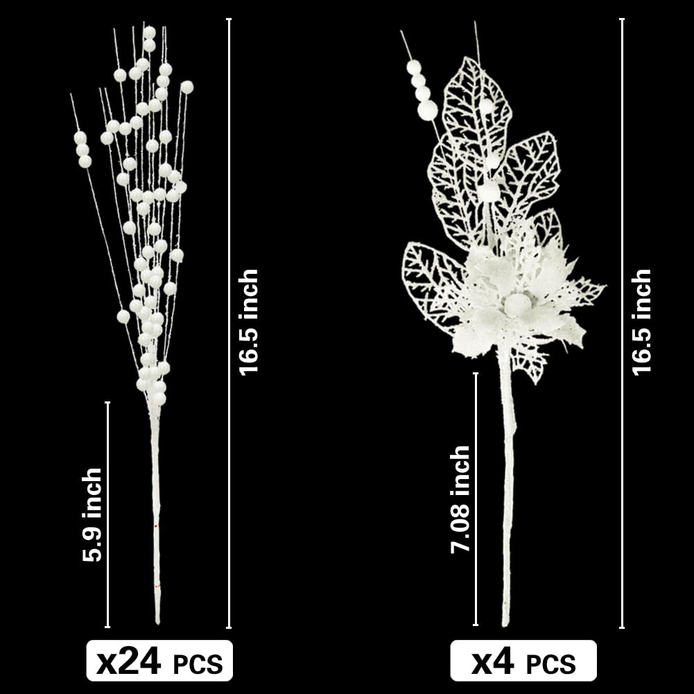 28 Pack White Christmas Tree Ornaments, Artificial Glitter Berry and Flowers Stem Branches Picks for Xmas Tree Decoration Gift S