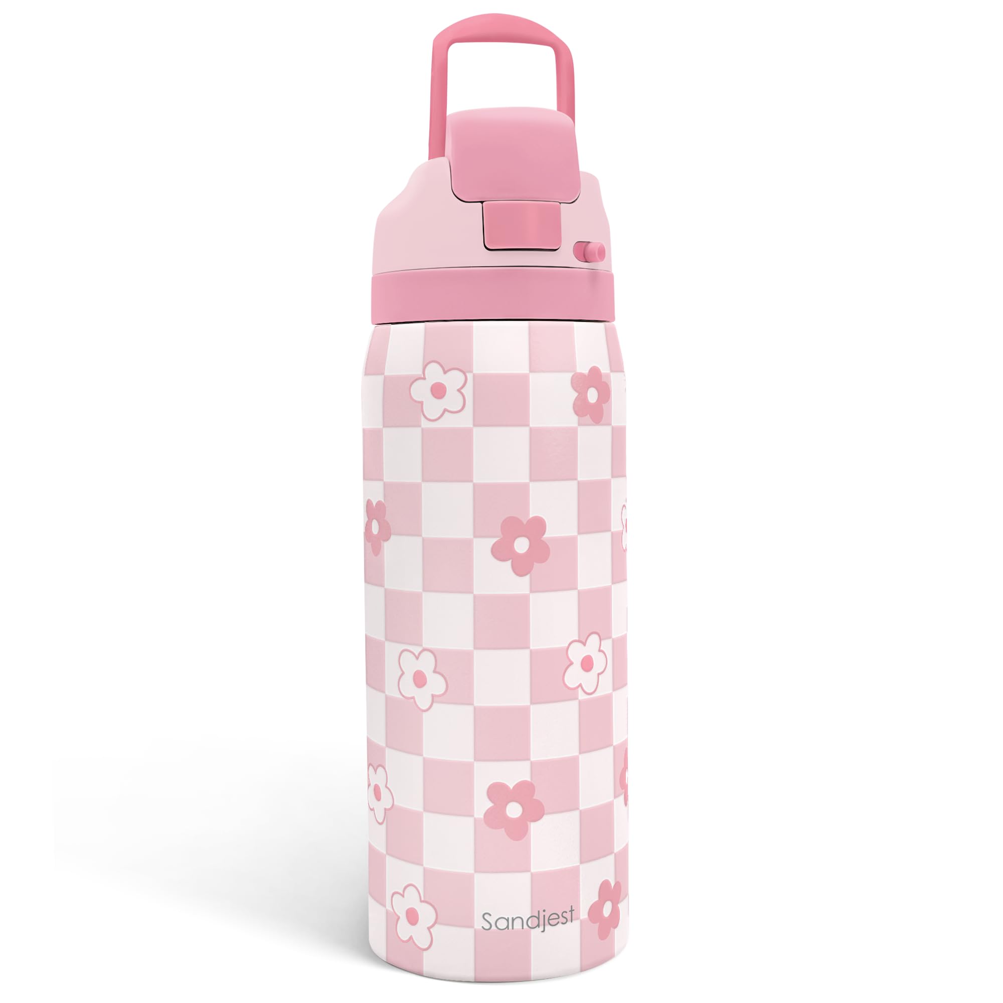 Checkered Floral Insulated Stainless Steel Water Bottle with Straw for Sports and Travel, 32oz, Gifts for Women Girls Friends Te