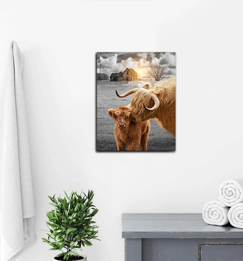 Highland Cow Wall Art Canvas Print Farmhouse Cow Picture Longhorn Cattle Animal Painting Stretched And Framed For Wall Decor 16X