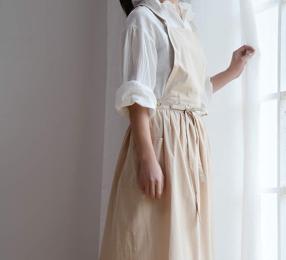 Losofar Cotton Pleated Apron Retro Waterdrop Proof Garden Cleaning Pinafore Dress (Wheat, 103Cmx86Cm)
