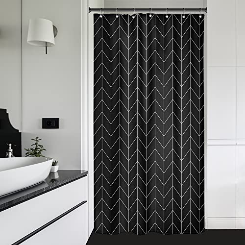 Riyidecor Small Shower Curtain Stall Black Half Size Herringbone 36X72 Inch Chevron Geometric Striped Single Tiny Skinny Narrow