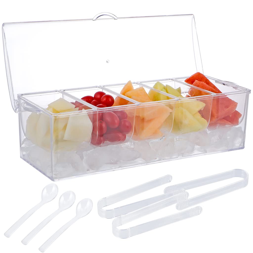 Moligou Condiment Server On Ice, Chilled Caddy With 5 Removable Compartments, Chilled Serving Tray Container With Hinged Lid, 3