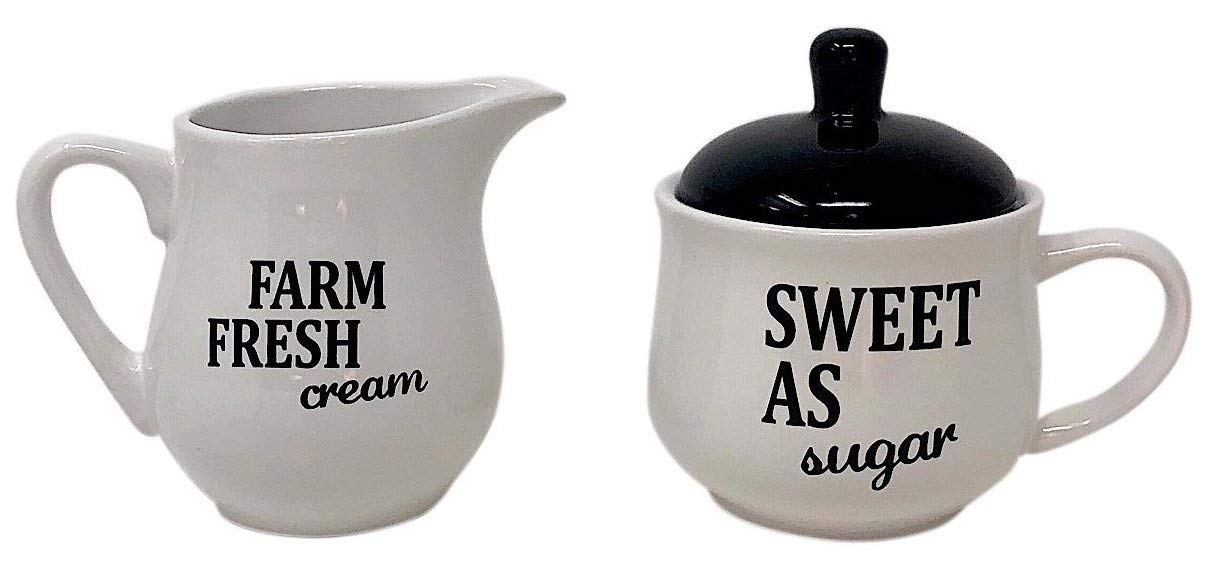 Set Sugar Bowl And Cream Server Holder Ceramic Black & White Farmhouse Table Kitchen Decor