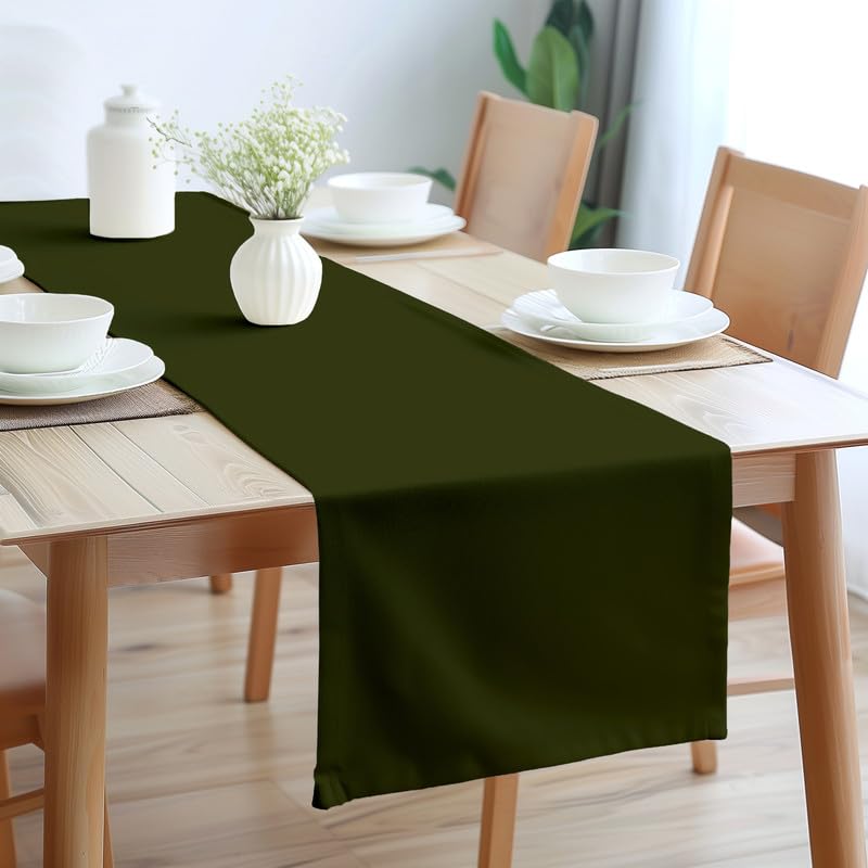 Encasa Table Runner 13X104 In Long | Cotton Canvas Fabric | Leaf Green Solid Color | Machine Washable & Durable