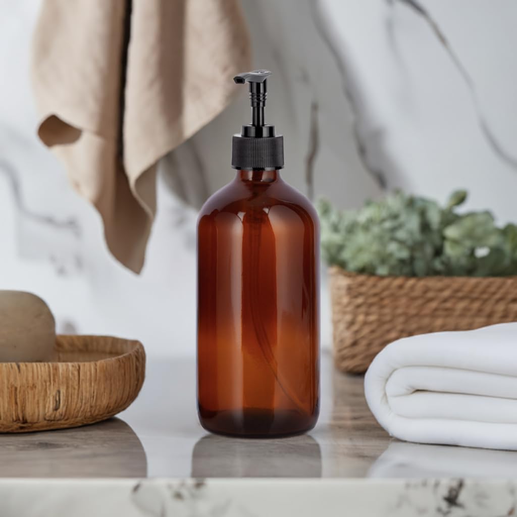 16 Oz Amber Glass Boston Round Bottle With Black Lotion Pump Dispenser (3 Pack)