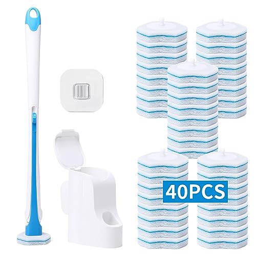 Daliper Disposable Toilet Brush With 40Pcs Refills, Wall Mounted Compact Bathroom Bowl Wand Cleaning System Long Handle With Sto