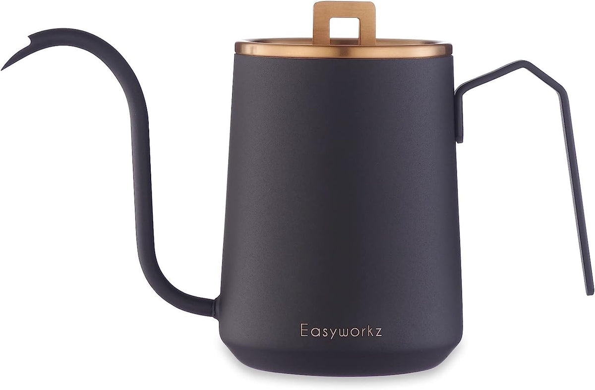 Easyworkz Gooseneck Pour Over Coffee Kettle 20 Oz Stainless Steel Hand Drip Coffee Pot With Long Narrow Spout, Rose Gold Black