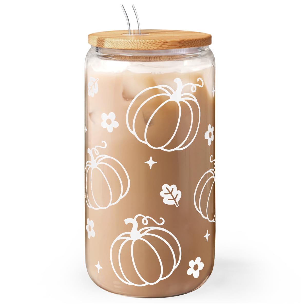 Pumpkin 16oz Can Glass Tumbler with Acrylic Lid & Straw, Iced Coffee Cup for Women Girls, Fall Aesthetic Cups Gifts