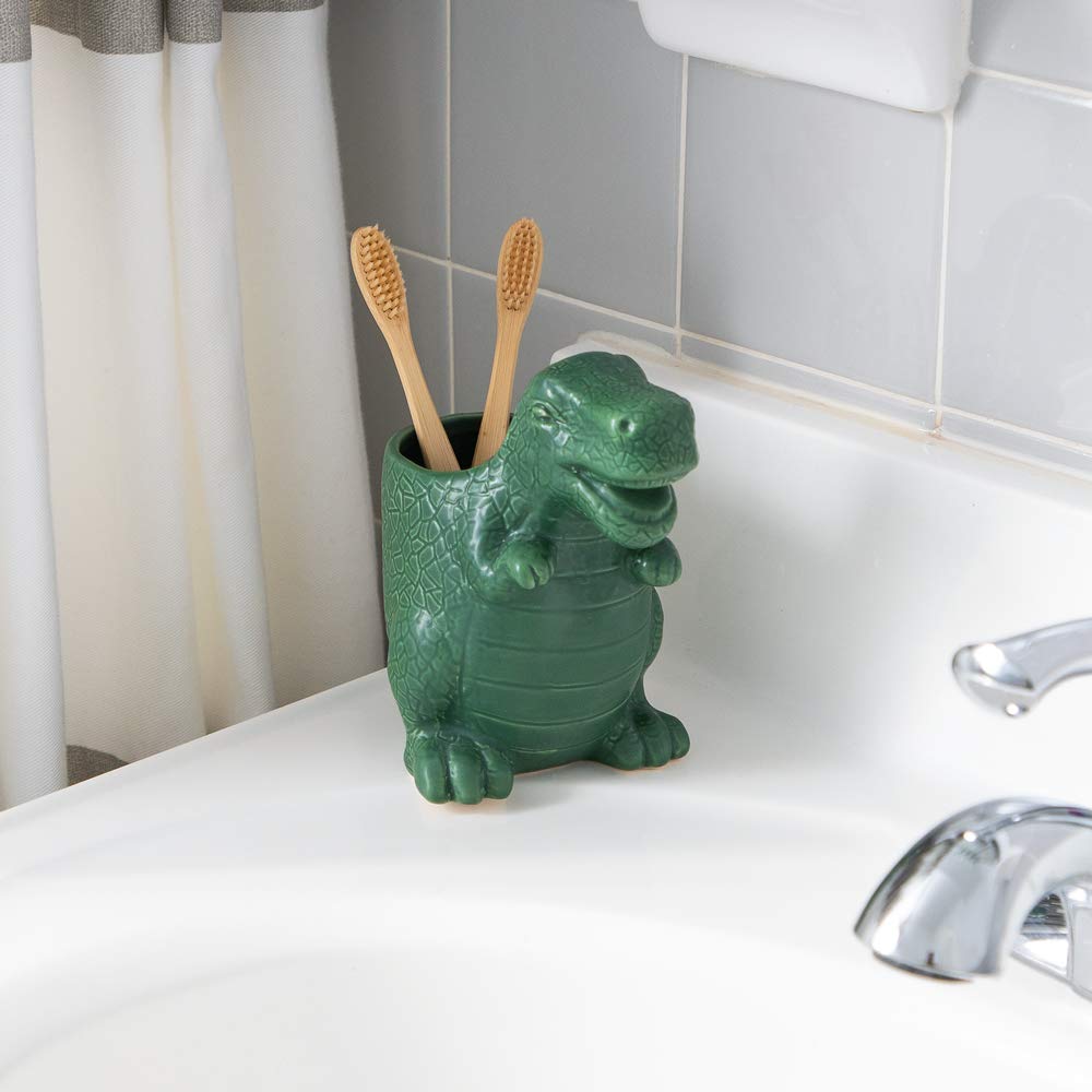 Isaac Jacobs Green Ceramic Dinosaur Cup  Toothbrush Holder  Multi-Purpose Organizer  - Great for Toiletries  Bathroom  Kitchen  Crafts  Desk  Novelty Bathroom Accessory (Single Cup  Green)