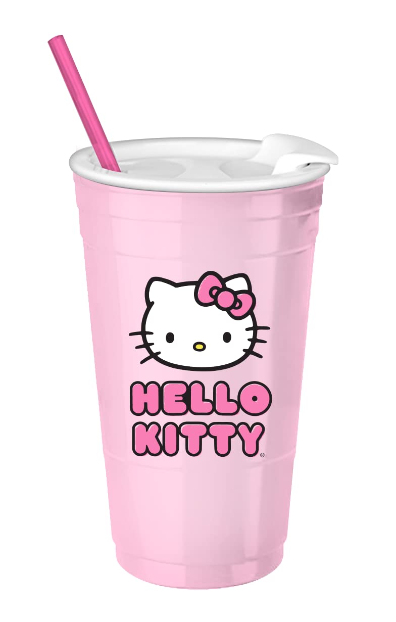 Silver Buffalo Hello Kitty Face Logo Plastic Tumbler With Lid And Straw, 32 Ounces