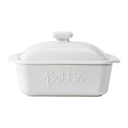 FE Butter Dish  10 oz Ceramic Butter Keeper with Water Line  French Butter Dish with Lid for Countertop (White)