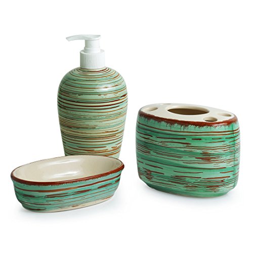 Exclusivelane Elegant Ceramic Bathroom Accessory Set Of 3 (Liquid Soap Dispenser, Soap Dish, Toothbrush Holder) - Sea Green & Br