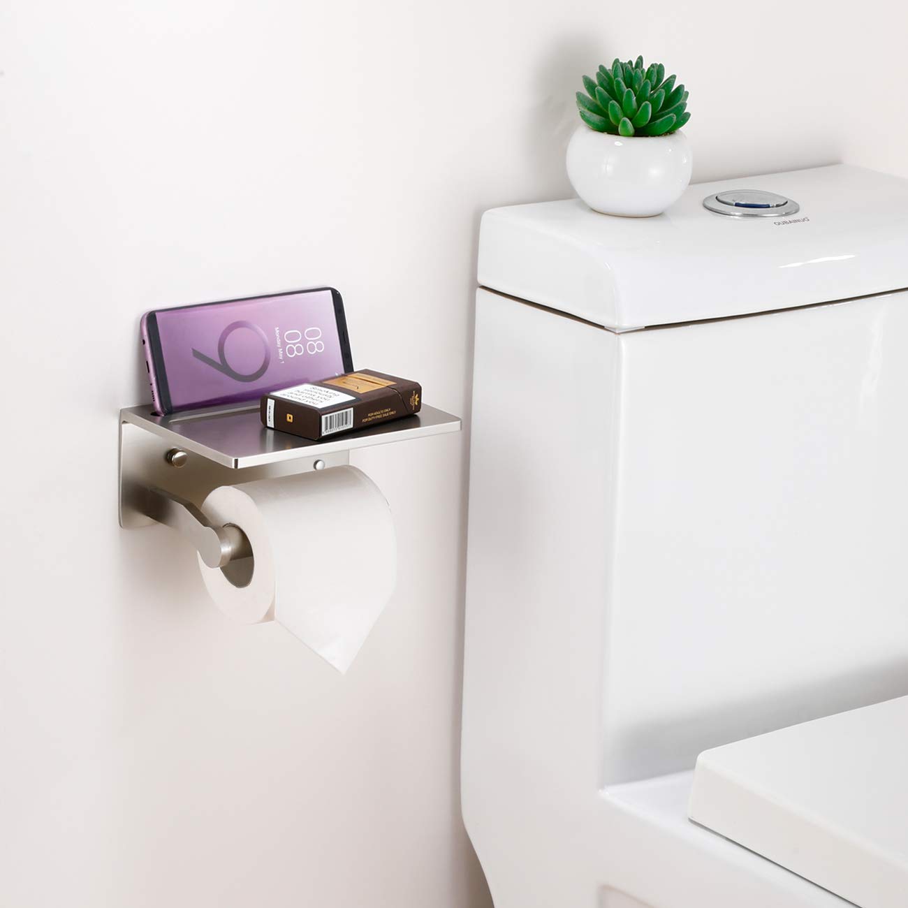 Smarthome Toilet Paper Holder with Shelf  Aluminum Tissue Roll Mobile Phone Storage Shelf for Modern Bathroom  3M Self Adhesive No Drilling or Wall-Mounted Screws  Brushed Nickel