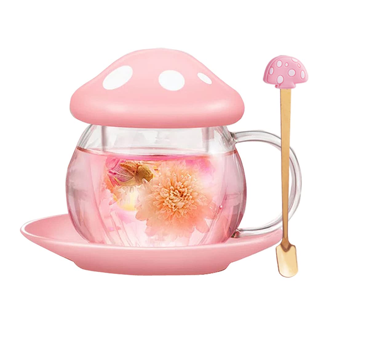 Cute Cups Mushroom Tea Cup With Infuser And Lid, Kawaii Glass Tea Cups And Saucers, 290Ml Mushroom Tea Mugs With Spoon, Perfect