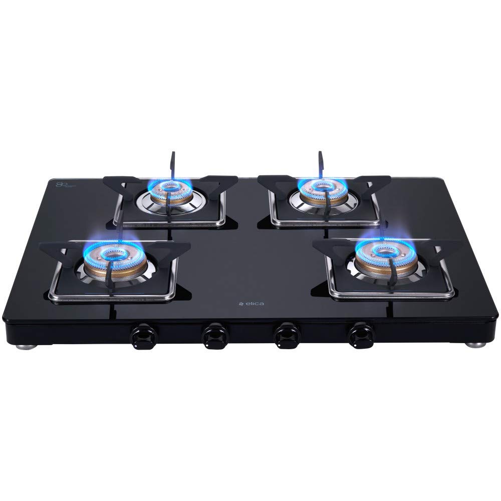 Elica Slimmest 4 Burner Gas Stove | Ultra Slim Frame | Forged Brass Burners | Toughened Glass Top | 7 Year Warranty On Glass & 5