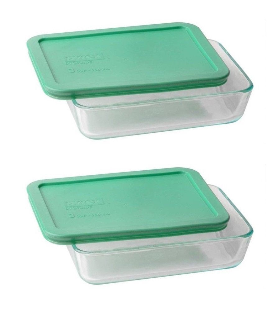 World Kitchen Pyrex 3cup Rectangle Glass Food Storage Set Container (Pack of 2 Containers), Green Lid (SYNCHKG128976)