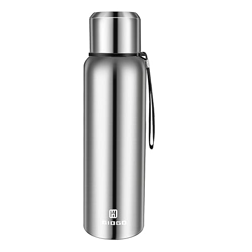 Insulated Vacuum Thermo Bottle 33Oz With Cup Lid Leakproof Stainless Water Flask For Coffee Hot And Cold Drink.(Silver,1000Ml)