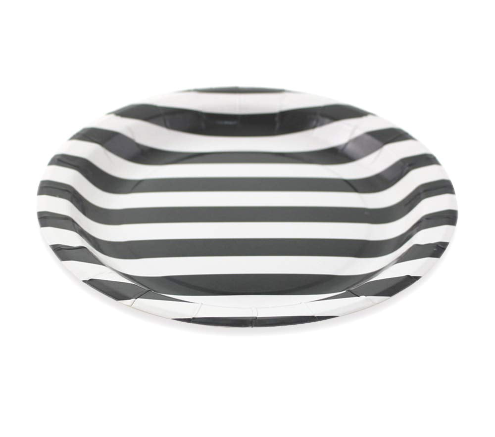 Dulousia Black Striped Paper Plates 36Pcs - 9Inch Round Party Plates For Dessert, Cakes, Fruits