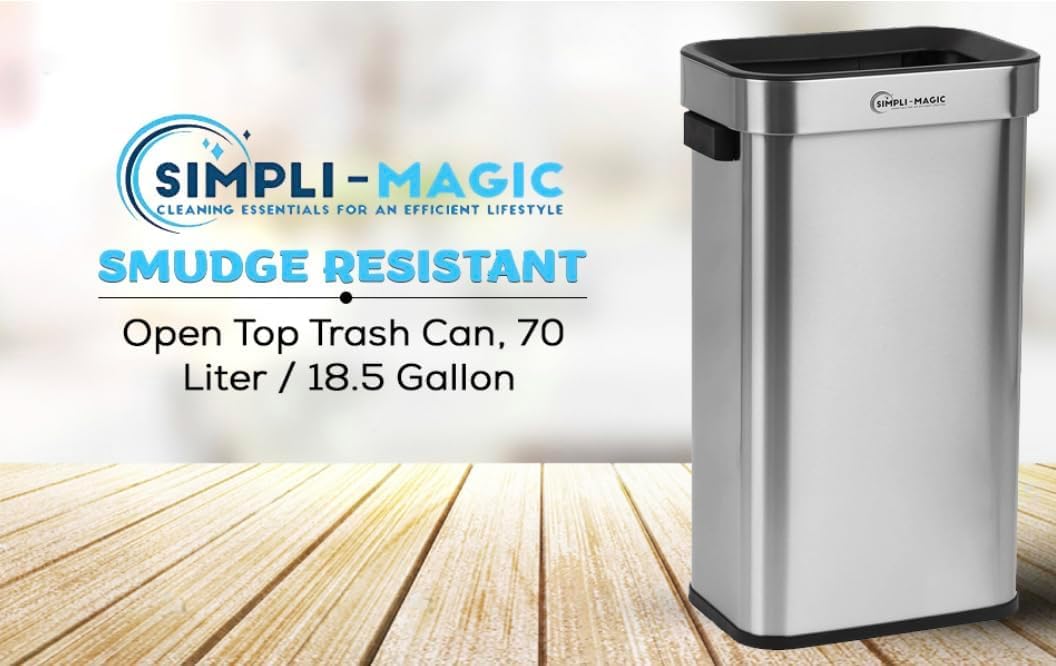 Simpli-Magic 70 Liter / 18.5 Gallon Open Top Trash Can With Stainless Steel, Sleek Finish, Rectangle