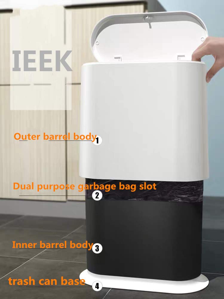 IEEK Slim Plastic Trash Can with Press Top Lid 2.4 Gallon/10 Liter Garbage Can Modern Waste Basket for Bathroom Living Room Office Kitchen and Narrow Spaces Grey