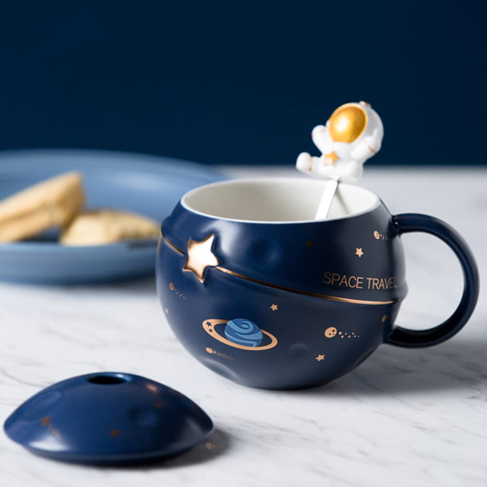 Yalucky Kawaii Astronaut Cup Space Embossed Planet Mug, Cute Ceramic Coffee Mug, Novelty Mug with Lid and Spoon for Coffee, Tea,
