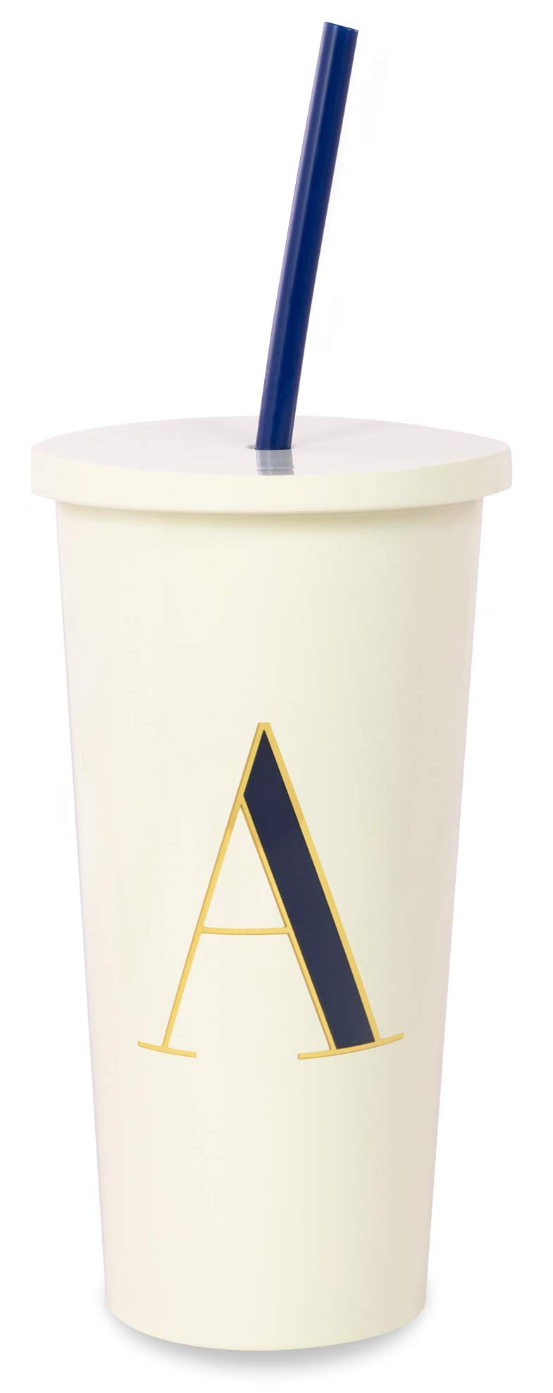 Kate Spade New York Insulated Initial Tumbler With Reusable Straw, 20 Ounce Acrylic Travel Cup With Lid, A (Navy Blue)