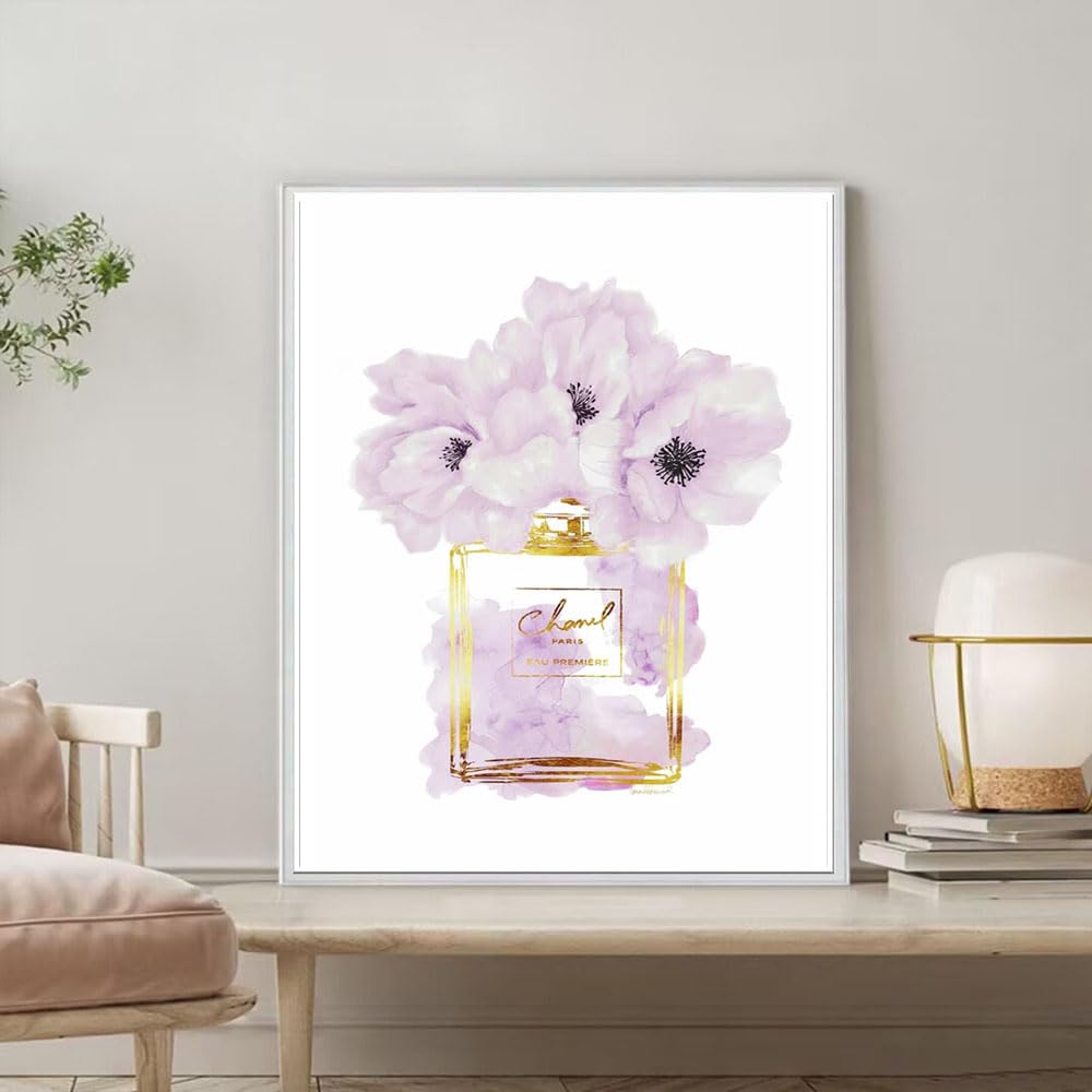 Wall Art Canvas Glam Perfume Pictures Wall Decor Purple And Gold Flowers Canvas Wall Art Girl Home Decor For Bedroom Wall Bathro