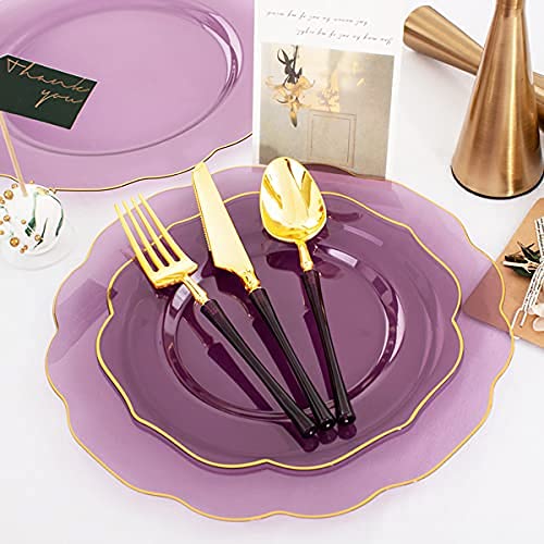 Ciaell 120Pcs Clear Purple Plastic Plates - Purple Party Plates - Disposable Gold Plastic Plates Including 48Plates, 24Forks, 24
