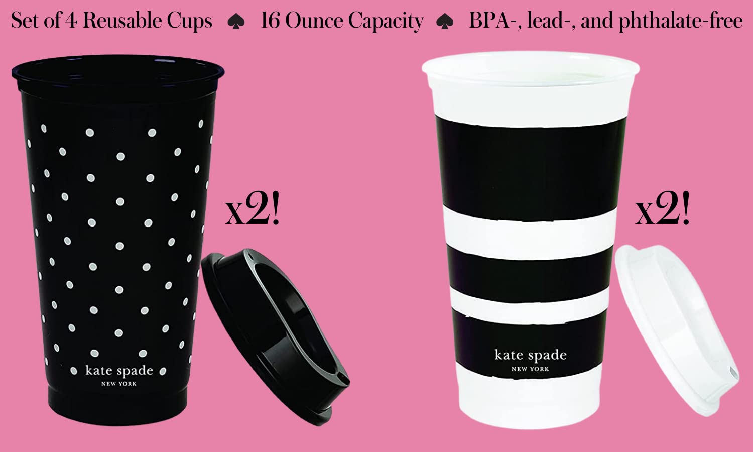 Kate Spade New York Black/White Reusable Coffee Cups With Lids, Travel Tumbler Set Of 4, 16Oz Bpa-Free Plastic Cups With Lids, C